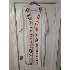 REBELLION White Crochet Trim Tassel Kimono Cover Up medium granny square boho